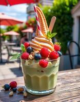 Delicious soft serve ice cream topped with fresh berries and nuts at a sunny outdoor cafe photo