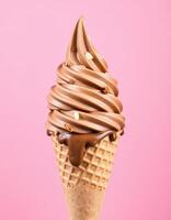 Chocolate soft serve ice cream cone against a vibrant pink background at a dessert shop photo