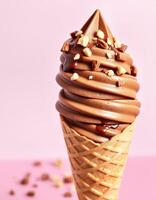 Delicious chocolate soft serve ice cream cone topped with nuts on a pastel pink background, perfect for summer enjoyment photo