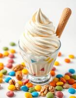 Creamy soft serve dessert topped with colorful candies and a wafer cone during a sunny afternoon photo