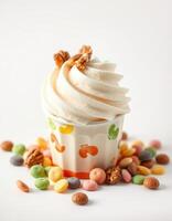 Delightful creamy dessert topped with nuts surrounded by colorful candies on a bright background photo