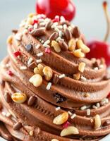 Indulgent chocolate soft serve topped with nuts and cherries in a dessert setting photo