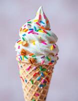 Delicious ice cream cone topped with colorful sprinkles served in a classic waffle cone during warm summer days photo