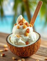 Delicious coconut bowl filled with creamy ice cream topped with crunchy nuts by a tranquil poolside photo