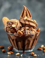 Indulgent chocolate ice cream sundae topped with nuts served in a clear glass bowl photo