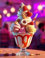 Indulging in a colorful ice cream sundae topped with strawberries and nuts in a vibrant dessert shop photo