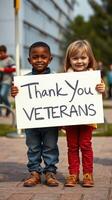 Children express gratitude with a heartfelt sign at a community event honoring veterans on a sunny day photo