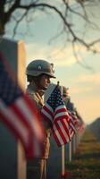 Soldiers honor fallen heroes with flags during sunset at memorial site photo