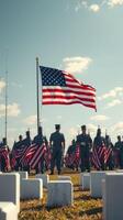 Flag ceremony honors fallen heroes at a military memorial site during a clear sunny day photo