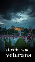 Honor and respect for veterans at a solemn memorial site punctuated by flags under a dramatic sky photo