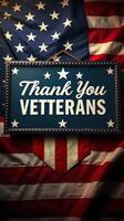 Sign honoring veterans displayed against a backdrop of an American flag symbolizing gratitude and patriotism on Veterans Day photo