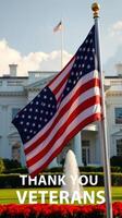 Flag waving in front of a historic building with a message honoring veterans on a clear day photo