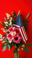 Colorful floral arrangement with US flag for celebration on a vibrant red background photo