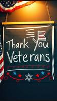 Handmade banner expressing gratitude to veterans displayed in a cozy room with patriotic decorations photo