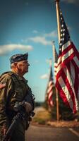 Veteran stands in honor beside American flags during remembrance ceremony in early autumn photo