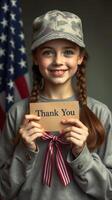Young girl expresses gratitude while holding a thank you card in front of an American flag at a community event photo