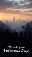 Celebration of Veterans Day at dusk with skyline backdrop and silhouetted figures holding flags photo