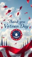 Veteran Day celebration with flags, an eagle emblem, and heartfelt appreciation in a sunny sky photo