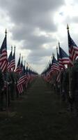 Soldiers standing in formation with American flags under a cloudy sky during a memorial event photo