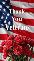 Red carnations in front of a waving American flag honoring veterans and expressing gratitude for their service and sacrifice photo