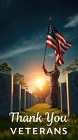 Honoring veterans at sunset in a serene cemetery with an American flag photo