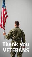 Saluting veterans with pride while holding an American flag in a respectful indoor setting photo