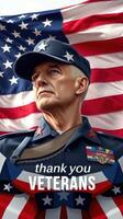 Portrait of a veteran honoring service with pride against a backdrop of the American flag photo