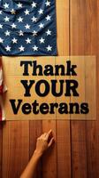 Sign expressing gratitude to veterans displayed against a wooden backdrop alongside an American flag photo