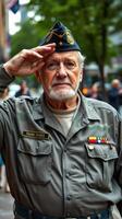 Veteran salutes during a parade commemorating military service in a busy city street photo