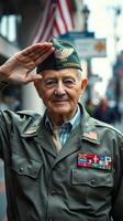 Elderly veteran saluting respectfully on a busy city street with flags in the background during the annual remembrance event photo