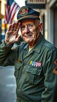 Veteran salutes proudly while wearing military uniform with service medals in a city street setting photo