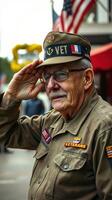 Veteran salutes proudly in military uniform during a community event honoring servicemen in a celebratory atmosphere photo