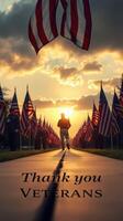 Ceremony honoring veterans with flags at sunset in a serene park setting photo