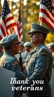 Service members honor veterans during a commemorative ceremony with flags and gratitude in a serene outdoor setting photo