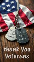 Emotional tribute highlighting appreciation for veterans with dog tags and American flag photo