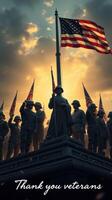 Tribute to veterans standing tall against a backdrop of flags and a dramatic sky at dusk photo