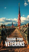 Veterans honored in a ceremonial salute with flags under a bright sky in a military formation photo