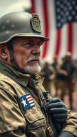 Soldier in historic military uniform stands proudly before a large flag during a commemorative event in a historic military setting photo