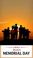 Soldiers saluting at sunset in honor of Memorial Day celebration with warm colors illuminating the sky photo