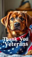 Golden retriever puppy wrapped in American flag expresses gratitude to veterans during a heartfelt moment of remembrance photo