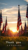 Sunset over a field of American flags honoring veterans in a peaceful memorial setting photo