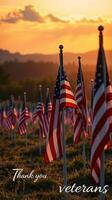 Flags waving in tribute to veterans at sunset in a memorial field photo