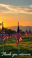 Flags display at sunset honoring veterans in a peaceful landscape surrounded by mountains photo