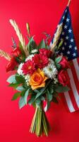 Colorful flower bouquet with American flag backdrop celebrates patriotism and beauty in vibrant decor photo