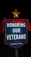 Display honoring veterans on Veterans Day with a decorative sign and festive draping photo