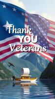 Colorful tribute honoring veterans with an American flag backdrop at a serene lake surrounded by mountains photo