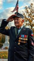 Veteran salutes during remembrance ceremony in a park with autumn leaves and flags photo