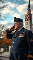 Veteran salutes at memorial honoring fallen heroes during autumn ceremony in a peaceful park photo