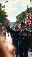 Veterans march proudly in a parade honoring their service along the tree-lined streets of a small town photo