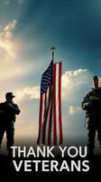 Saluting heroes with a flag at sunset honoring veterans for their bravery and sacrifice photo